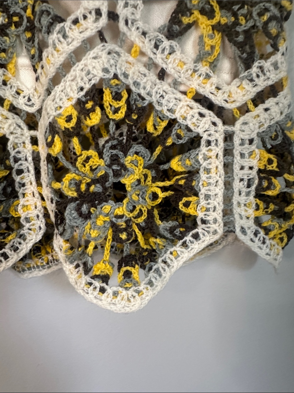 Bohemian Yellow, Cream, and Gray Crochet Miniskirt with Lining, Large - Picture 4 of 4